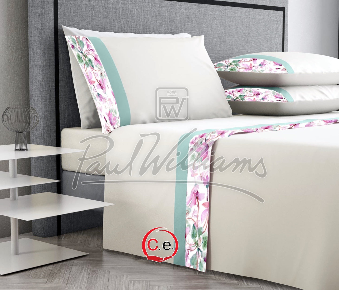 Completo lenzuola PaulWilliams Flora con doppio bordo, fascia digitale in raso & cotone ad alta definizione