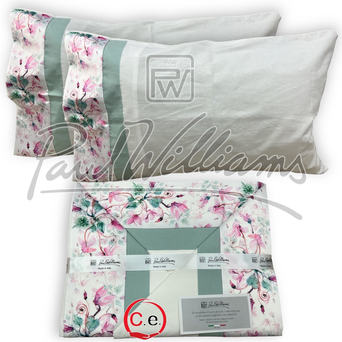 Completo lenzuola PaulWilliams Flora con doppio bordo, fascia digitale in raso & cotone ad alta definizione