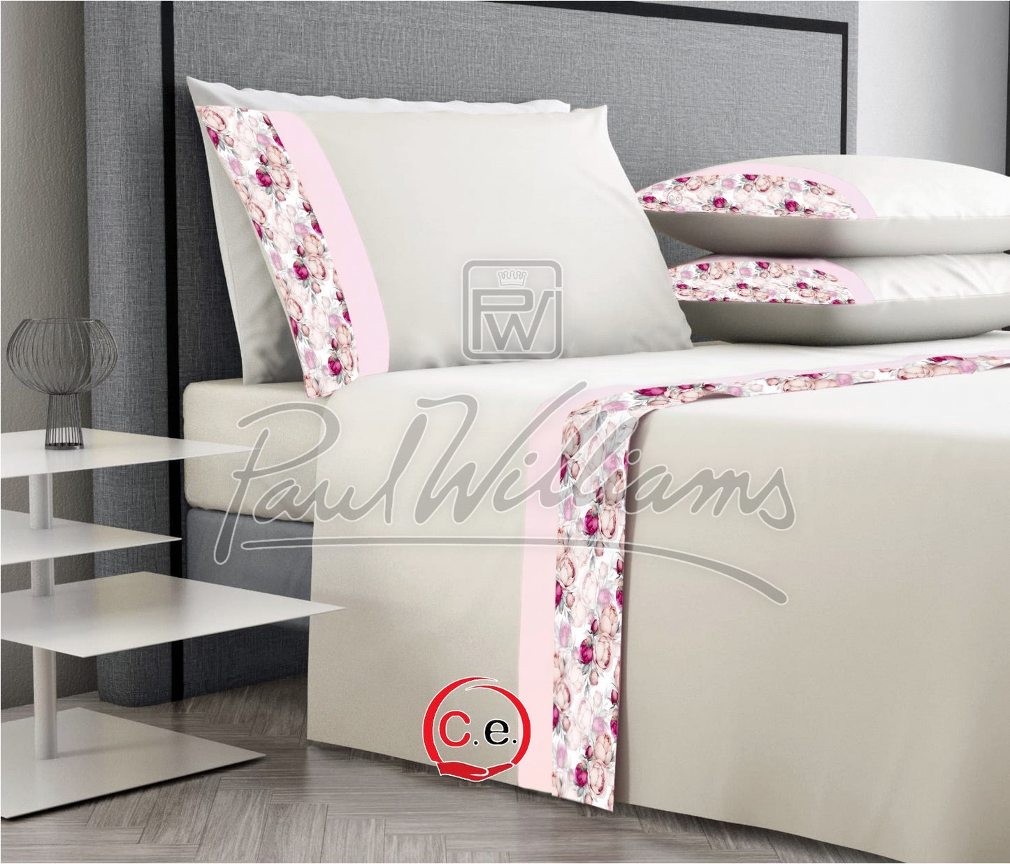 Completo lenzuola PaulWilliams Gioia con doppio bordo, fascia digitale in raso & cotone ad alta definizione