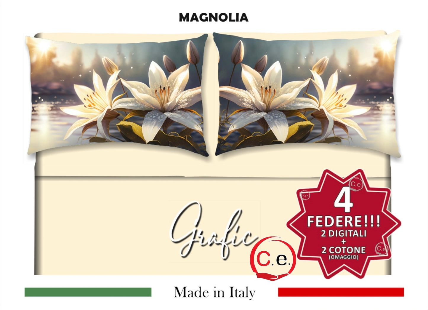 Completo Lenzuola Matrimoniale Disegno Magnolia Grafic