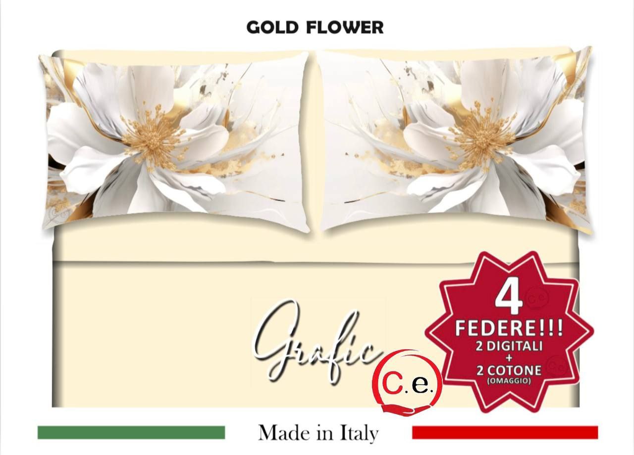 Completo Lenzuola Matrimoniale Disegno Gold Flower Grafic