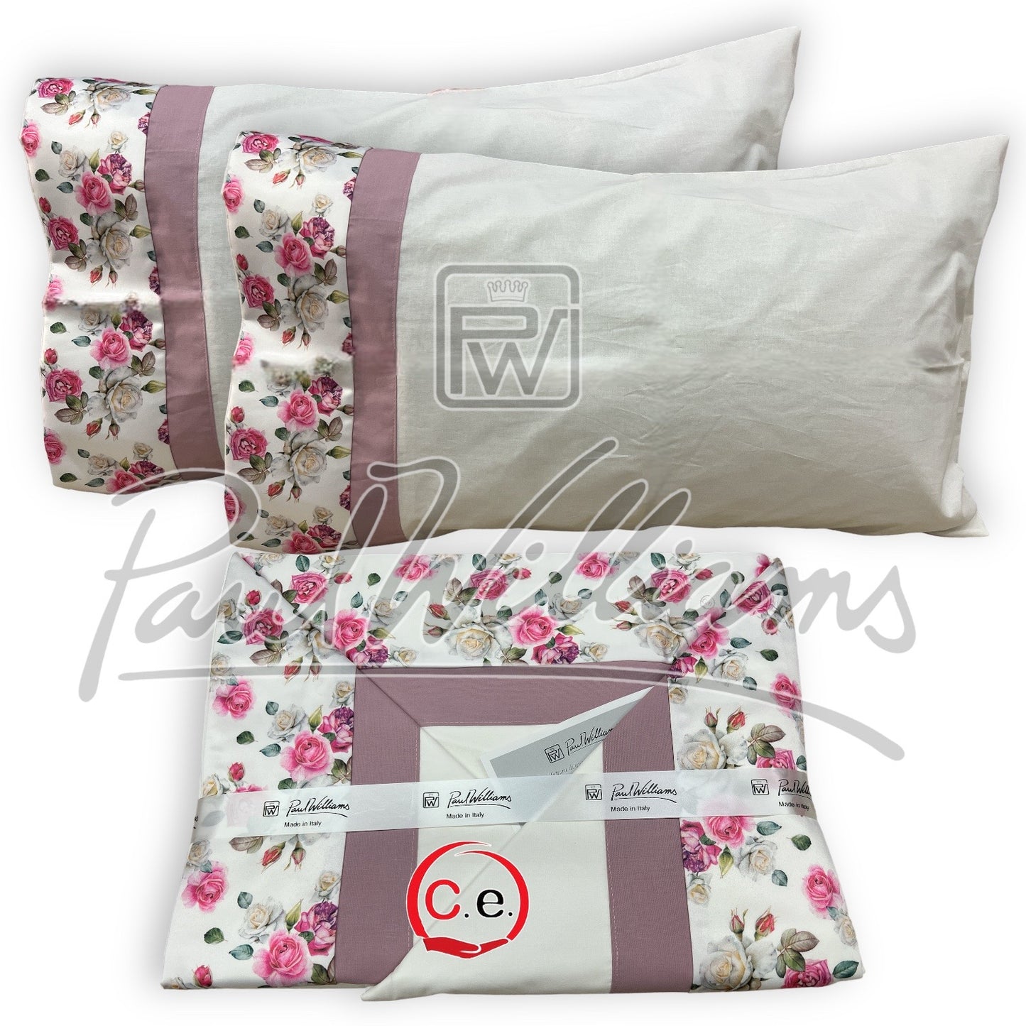 Completo lenzuola PaulWilliams Clara con doppio bordo, fascia digitale in raso & cotone ad alta definizione