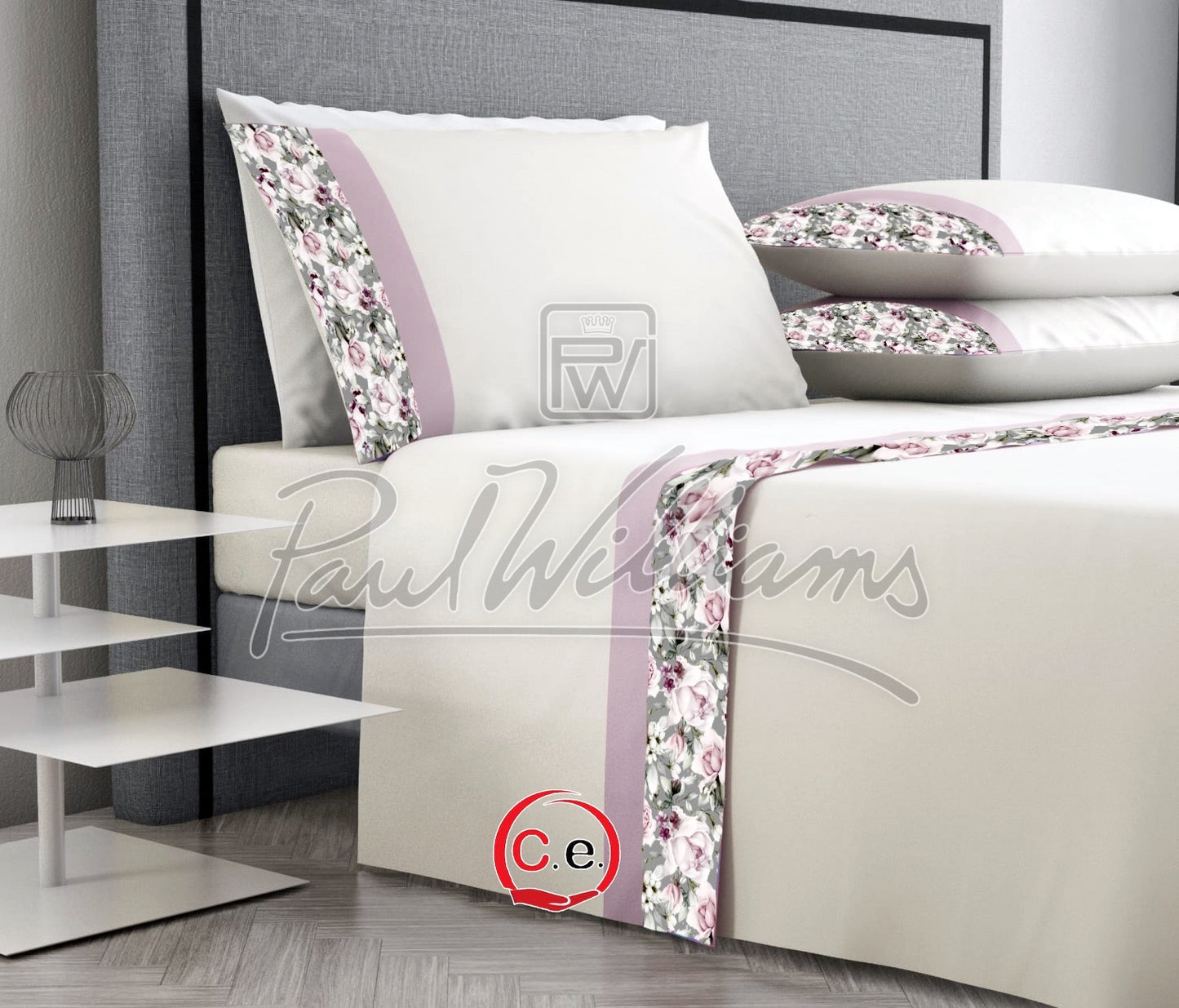 Completo lenzuola PaulWilliams Beatrice con doppio bordo, fascia digitale in raso & cotone ad alta definizione