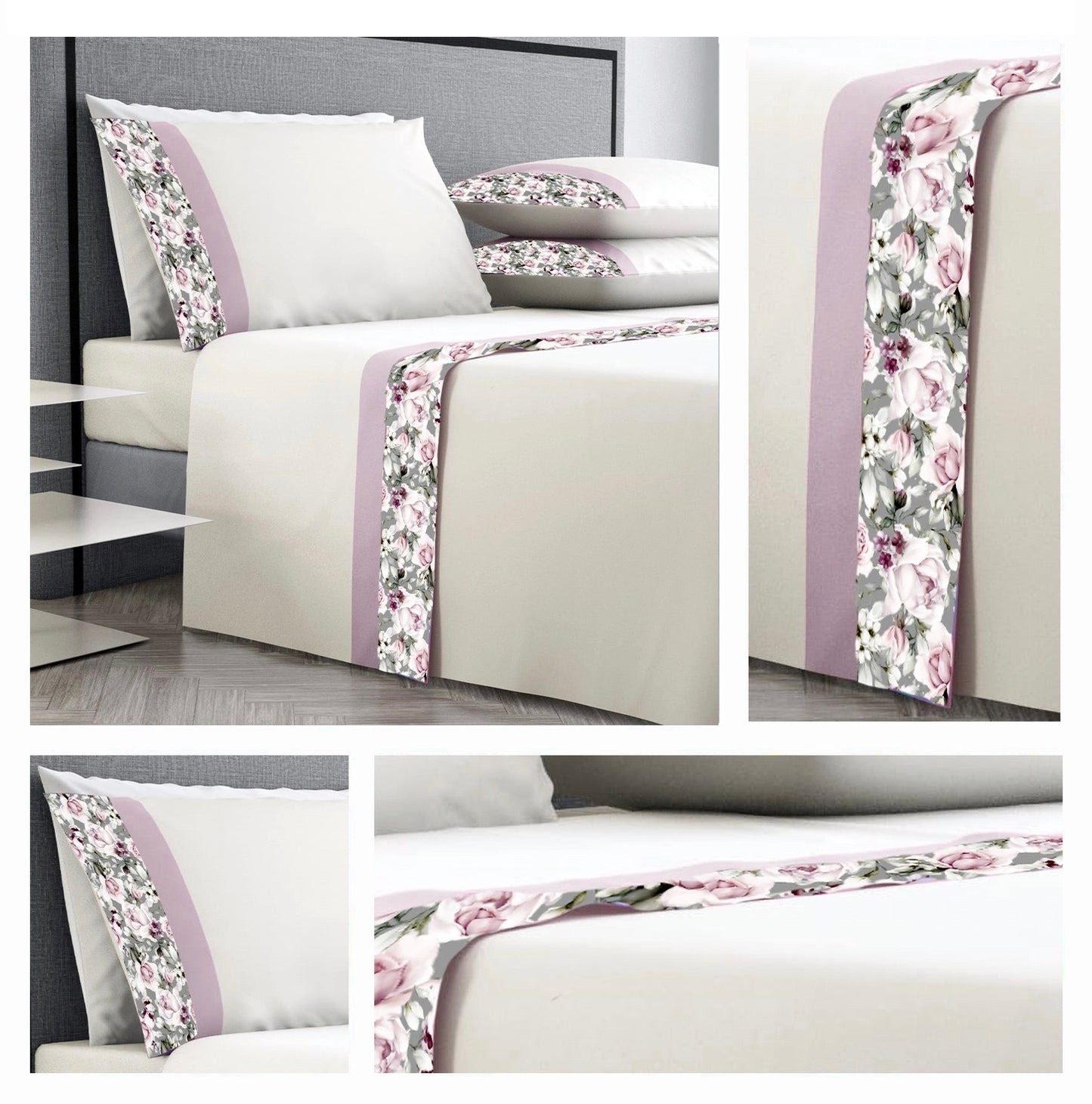 Completo lenzuola PaulWilliams Beatrice con doppio bordo, fascia digitale in raso & cotone ad alta definizione