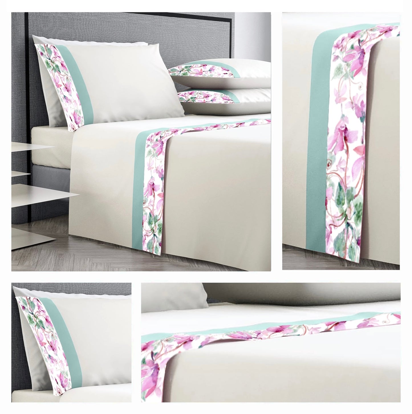 Completo lenzuola PaulWilliams Flora con doppio bordo, fascia digitale in raso & cotone ad alta definizione