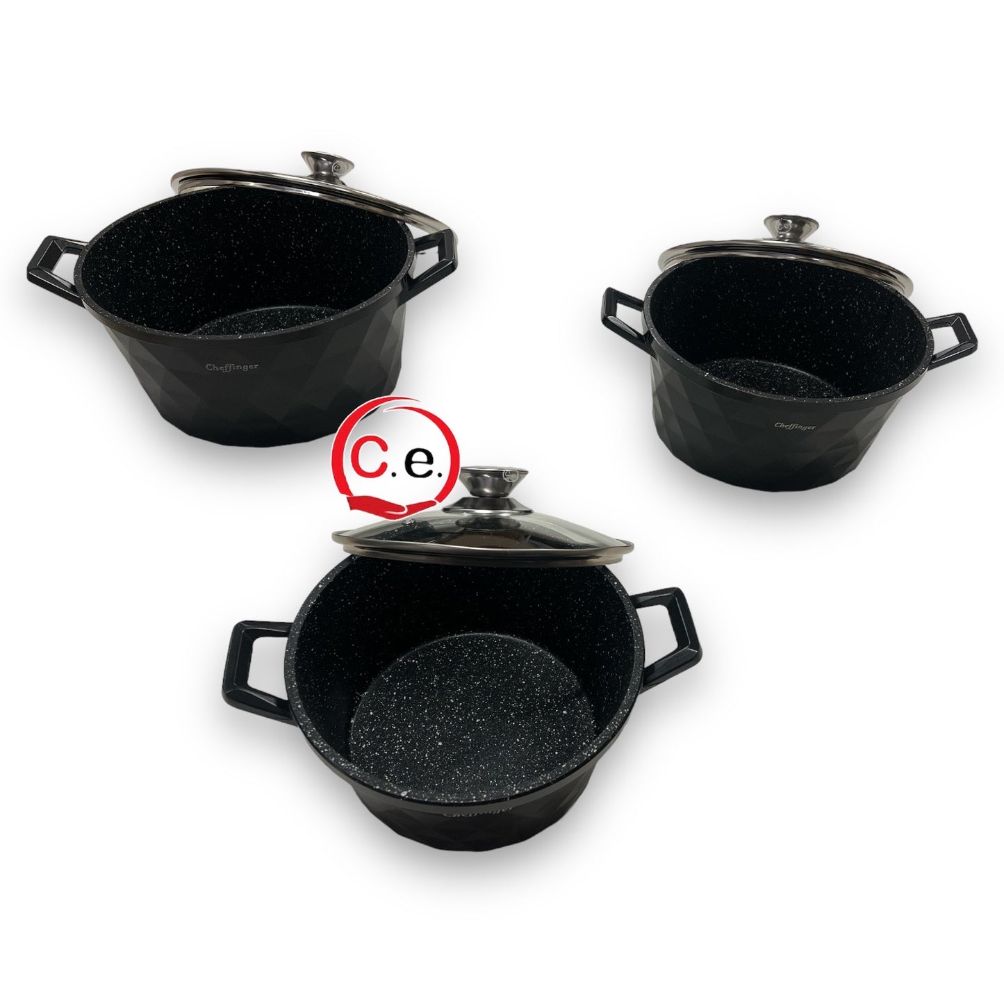 Tris casseruole diamantate in pietra lavica con coperchio in vetro Cheffinger 👩🏼🍳