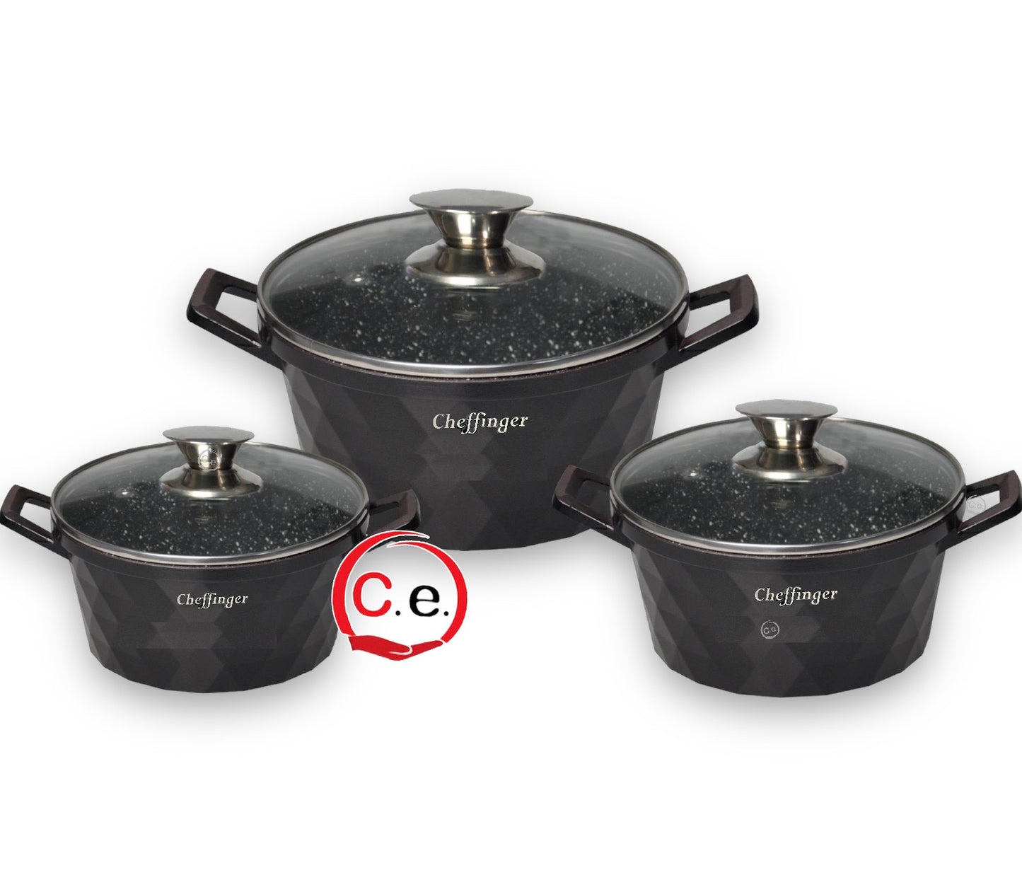 Tris casseruole diamantate in pietra lavica con coperchio in vetro Cheffinger 👩🏼🍳