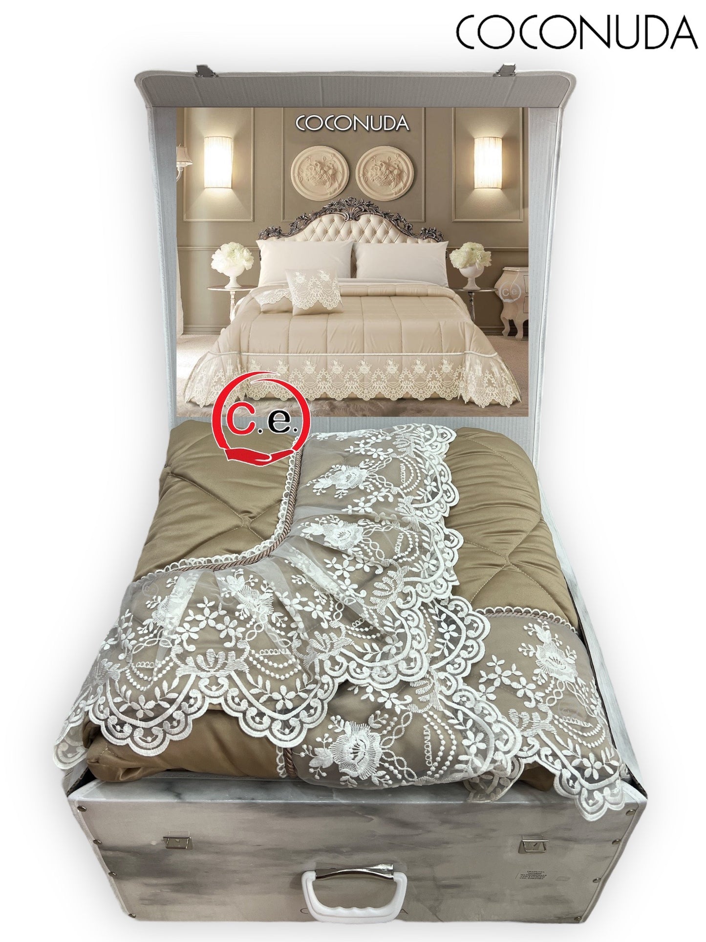 Trapunta Madrid Coconuda con pizzo in rebrodè & 2 cuscini arredo coordinati