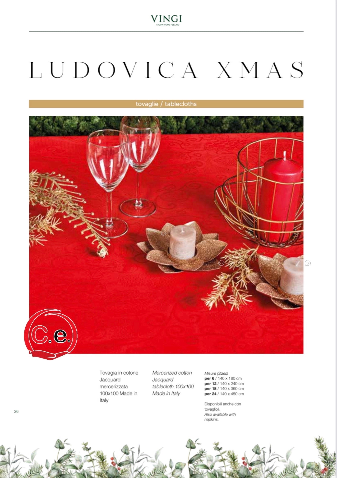 Tovaglia Ludovica Xmas Vingi in fiandra con disegno damascato in puro cotone al 100%