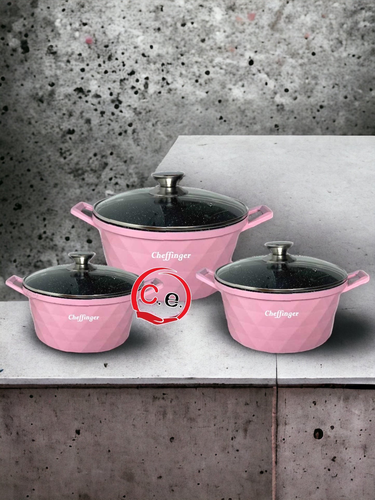 Tris casseruole diamantate in pietra lavica con coperchio in vetro Cheffinger 👩🏼🍳