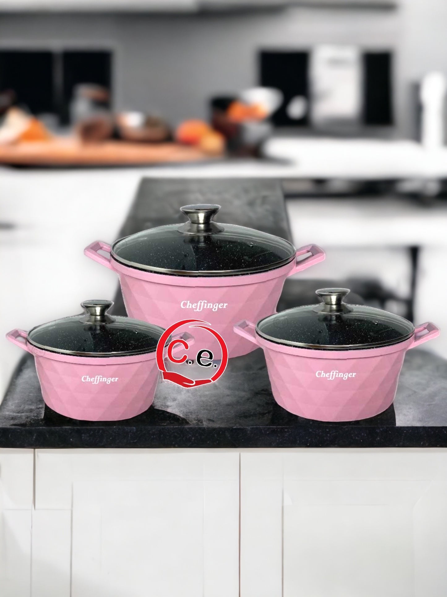 Tris casseruole diamantate in pietra lavica con coperchio in vetro Cheffinger 👩🏼🍳