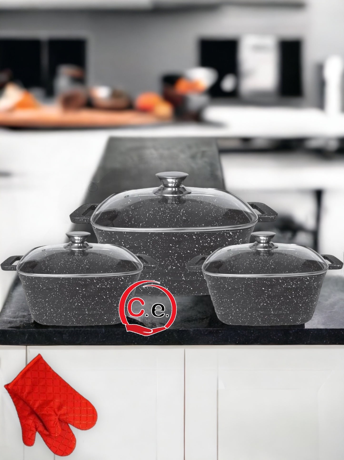 Tris casseruole quadrate in pietra lavica con coperchio in vetro Cheffinger 👩🏼🍳