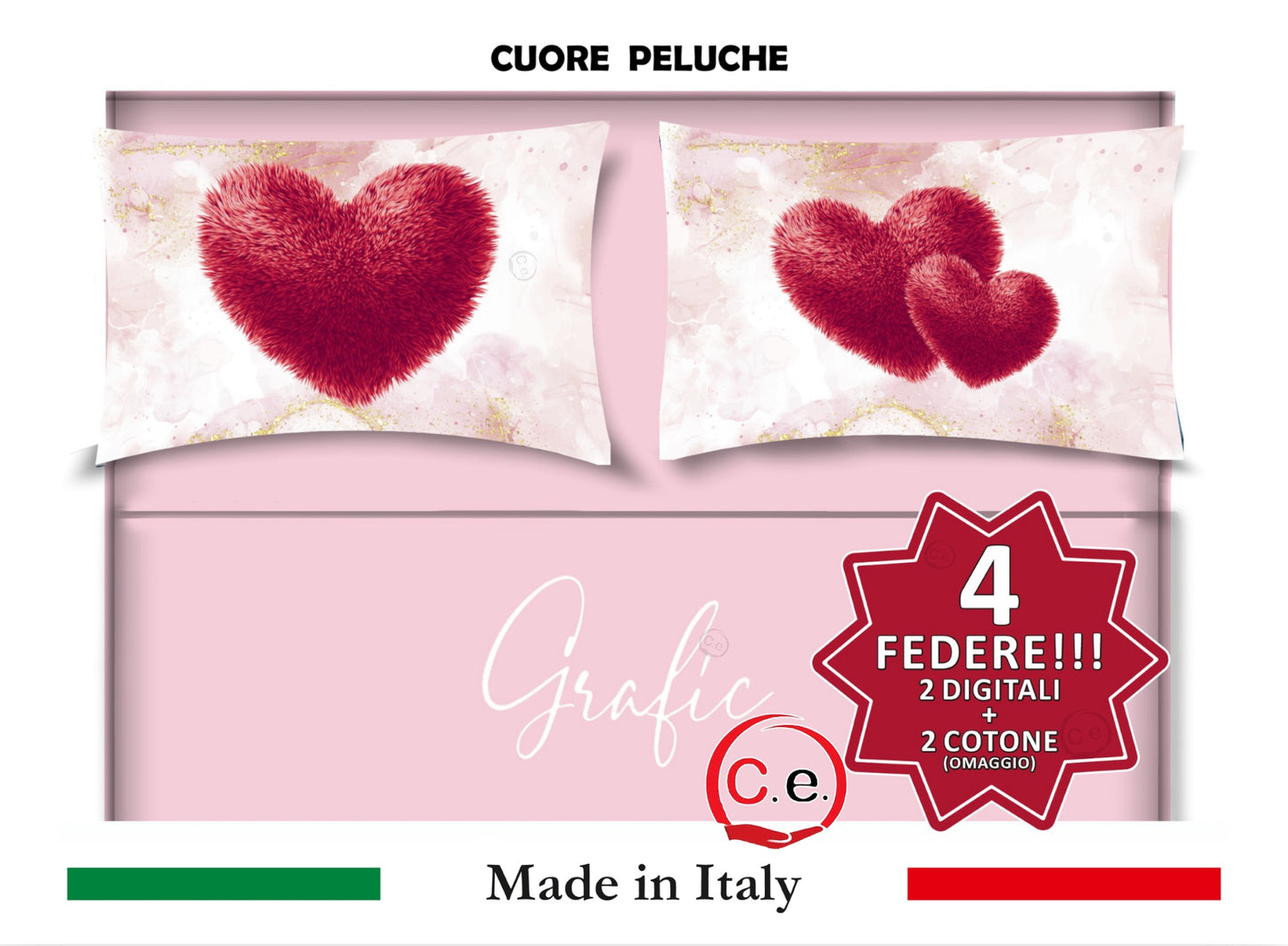 Completo Lenzuola Matrimoniale Disegno Cuore Peluche Grafic