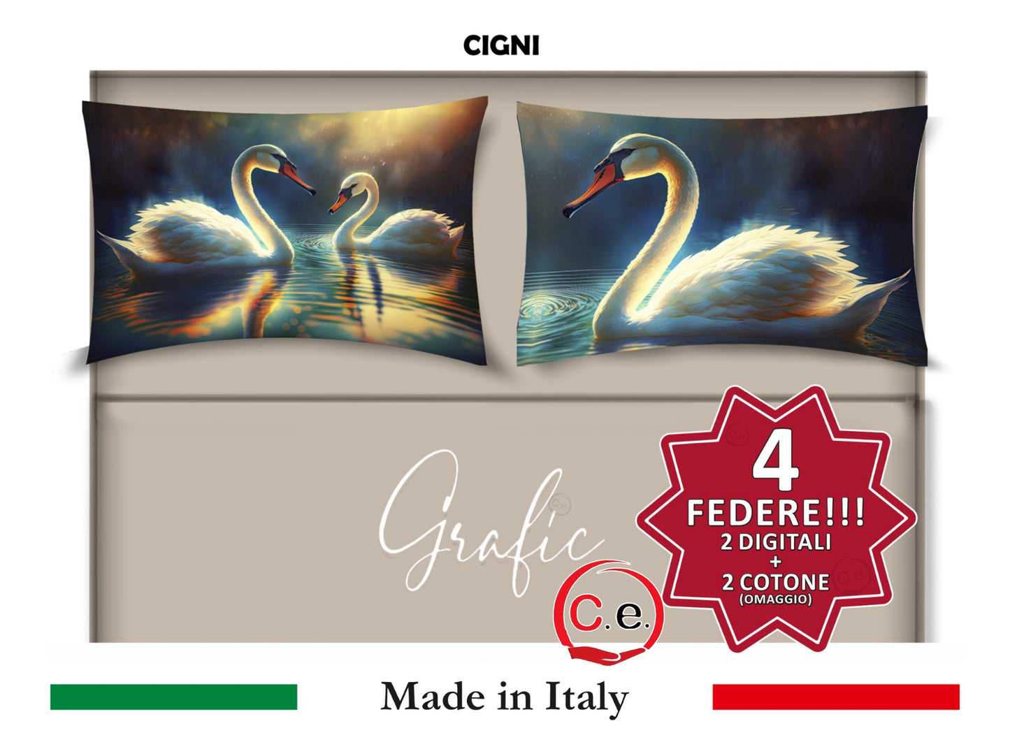 Completo Lenzuola Matrimoniale Disegno Cigni Grafic