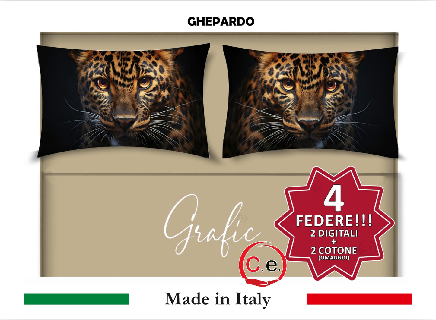 Completo Lenzuola Matrimoniale Disegno Ghepardo Grafic