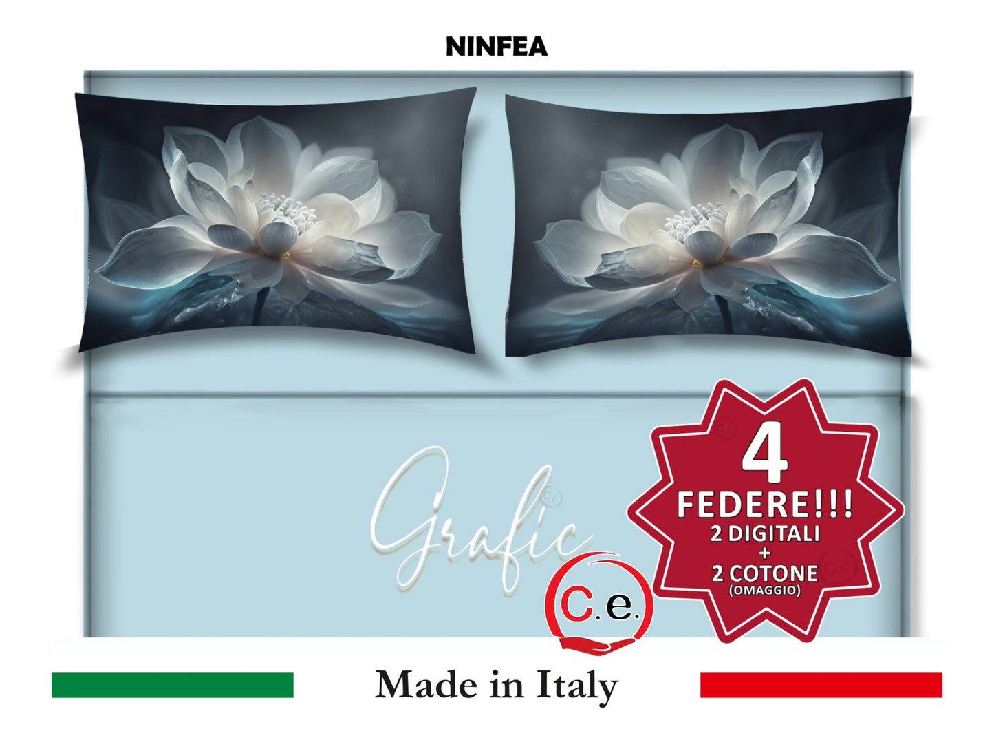 Completo Lenzuola Matrimoniale Disegno Ninfea Grafic
