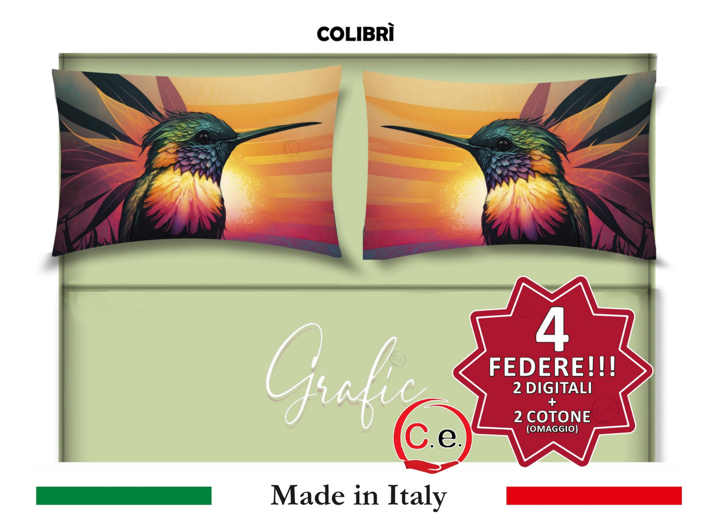 Completo Lenzuola Matrimoniale Disegno Colibrì Grafic