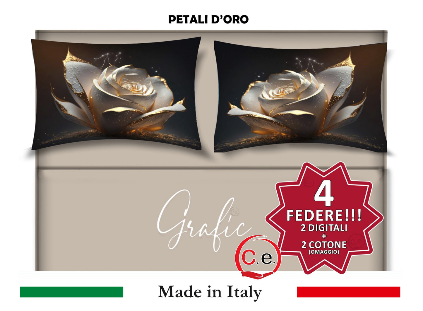 Completo Lenzuola Matrimoniale Disegno Petali d'Oro Grafic