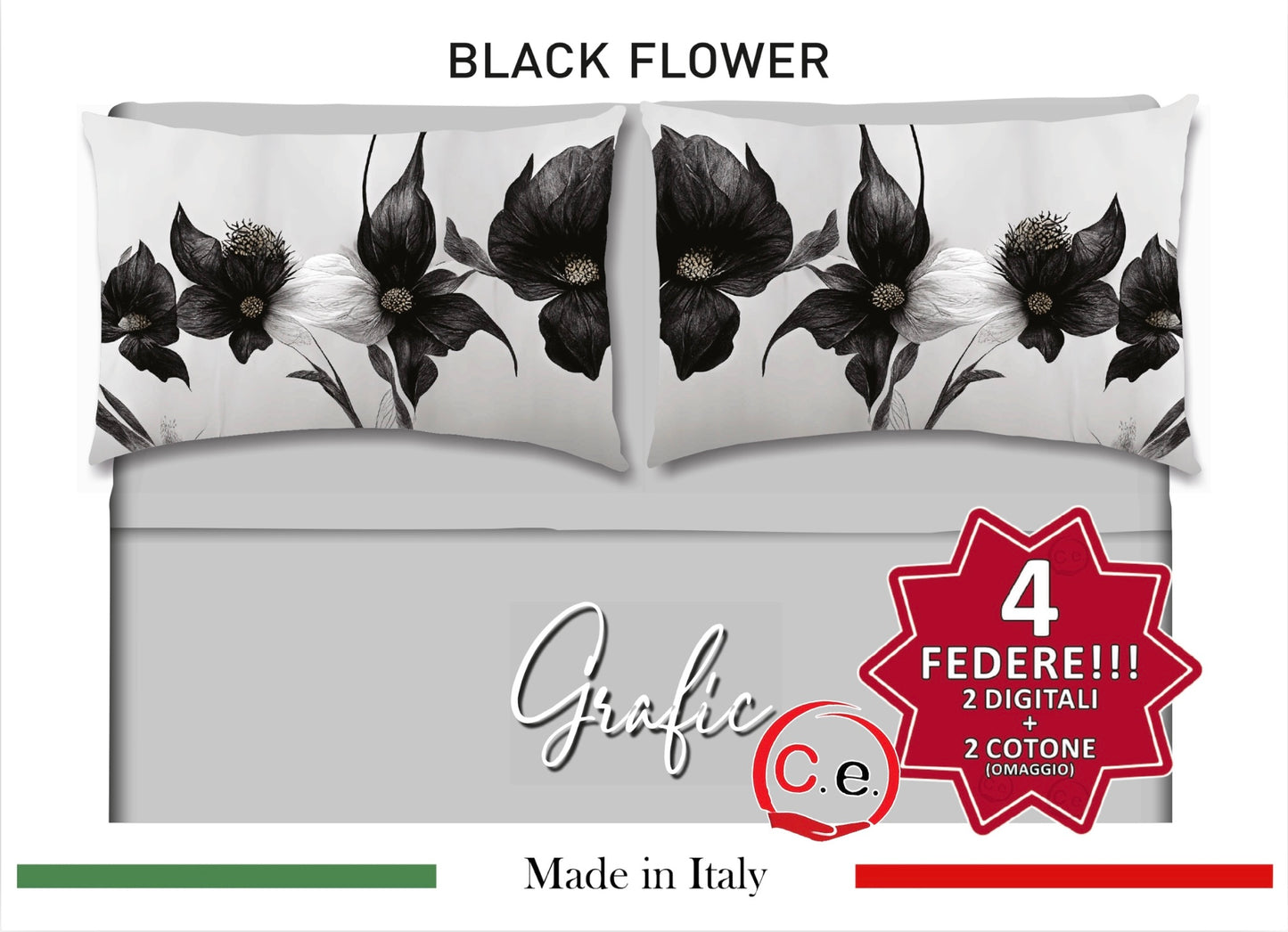 Completo Lenzuola Matrimoniale Disegno Black Flower Grafic