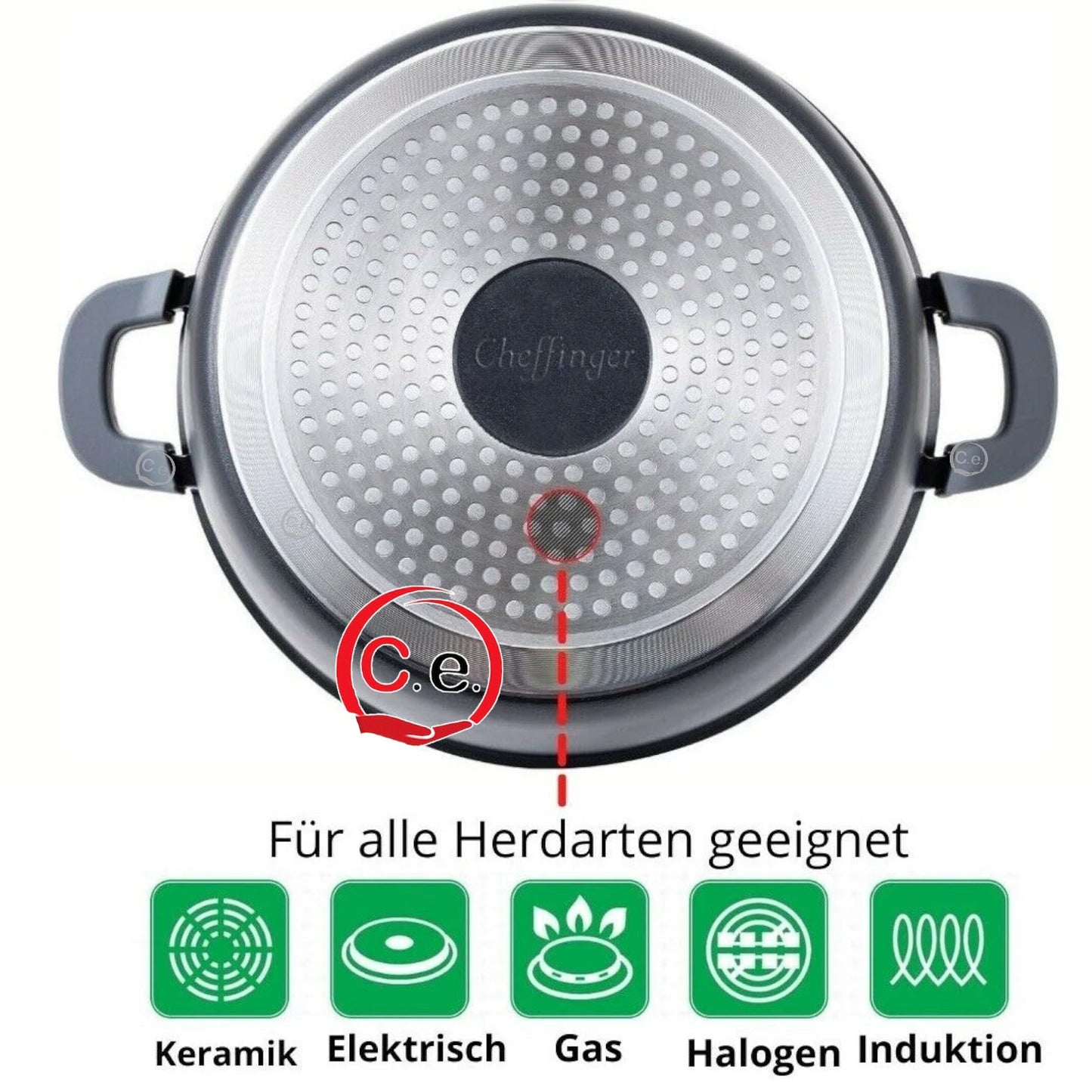 Tegame in pietra lavica con coperchio in vetro Cheffinger e manici rimovibili in silicone