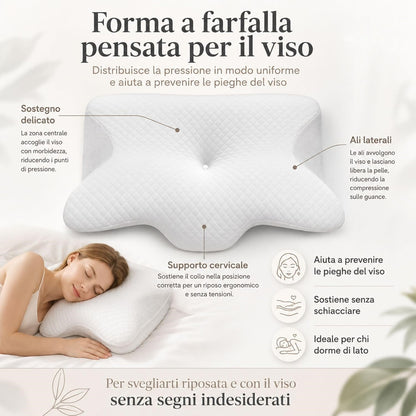 Cuscino Cervicale per Dormire Ergonomico in Memory Foam a Lento Rilascio, Prende le Forme del Viso e Dona un Riposo Profondo Prevenendo le Pieghe del Viso, Federa Sfoderabile