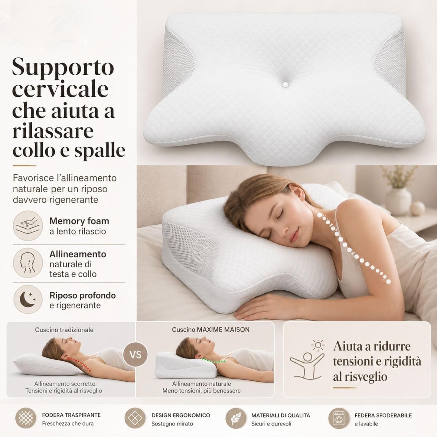 Cuscino Cervicale per Dormire Ergonomico in Memory Foam a Lento Rilascio, Prende le Forme del Viso e Dona un Riposo Profondo Prevenendo le Pieghe del Viso, Federa Sfoderabile