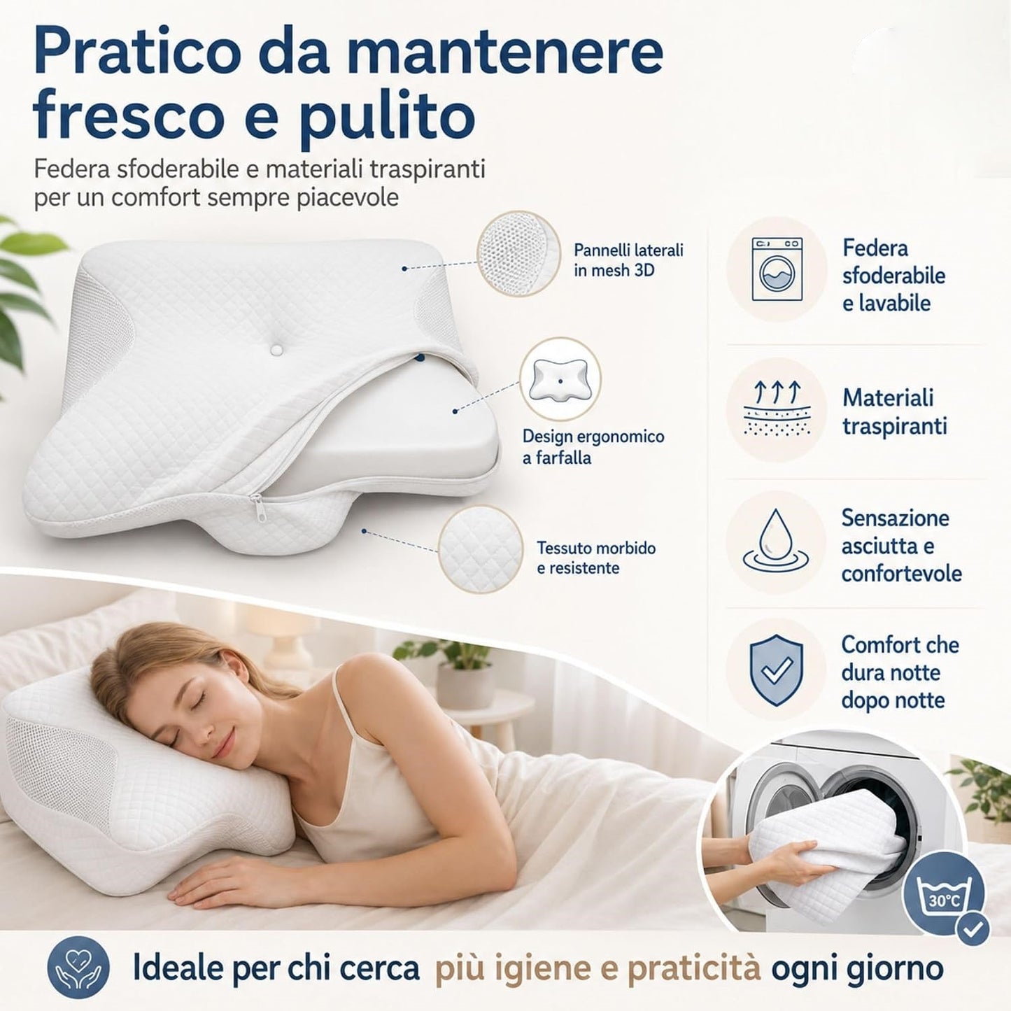 Cuscino Cervicale per Dormire Ergonomico in Memory Foam a Lento Rilascio, Prende le Forme del Viso e Dona un Riposo Profondo Prevenendo le Pieghe del Viso, Federa Sfoderabile