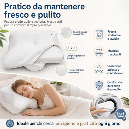 Cuscino Cervicale per Dormire Ergonomico in Memory Foam a Lento Rilascio, Prende le Forme del Viso e Dona un Riposo Profondo Prevenendo le Pieghe del Viso, Federa Sfoderabile