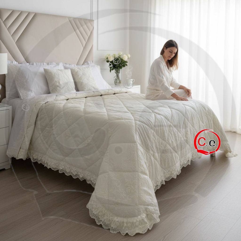 Trapunta/Piumone Venezia Coconuda ricamata con pizzo rebrodè 2 cuscini arredo coordinati