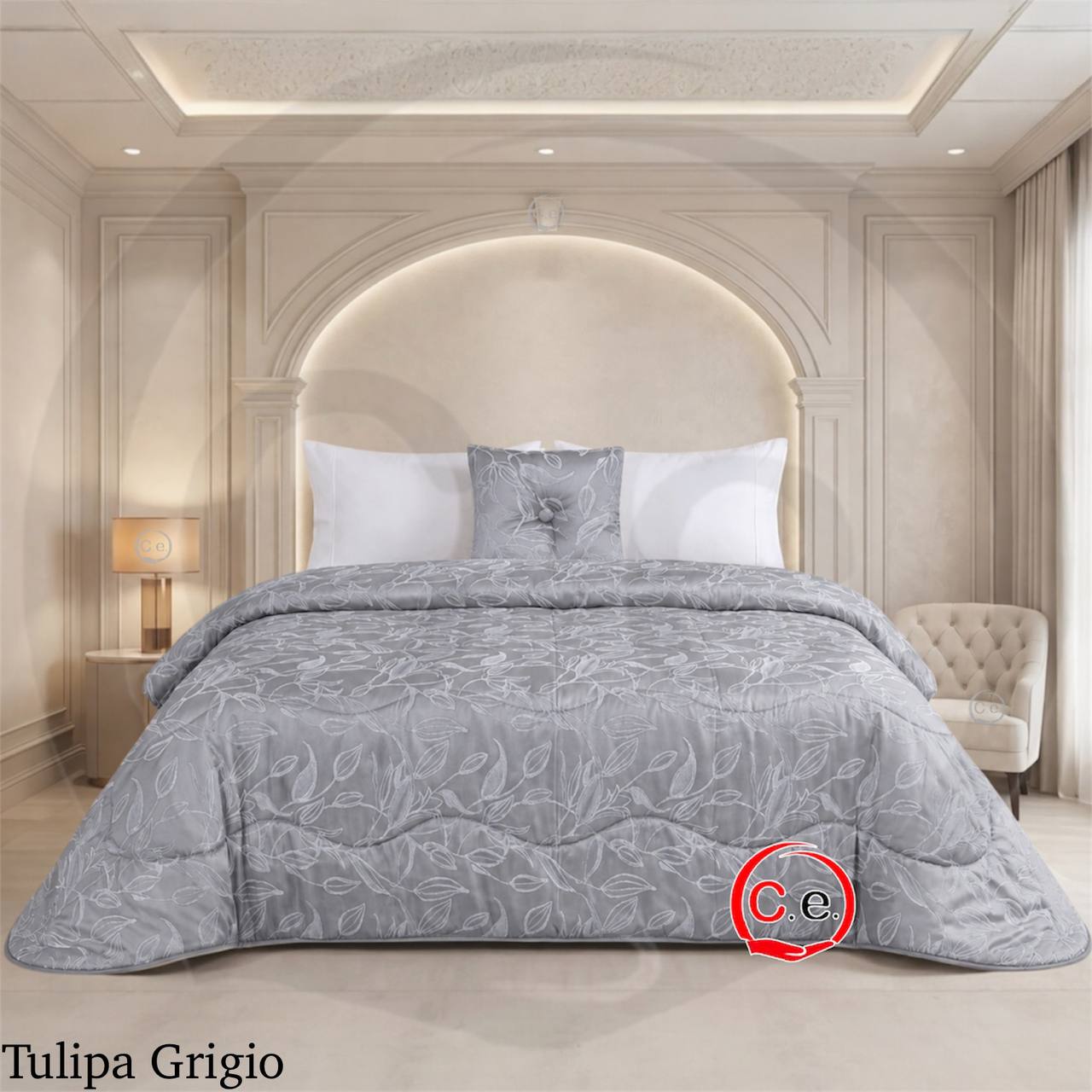 Trapunta/Piumone Tulipa in morbido raso jacquard con cuscino arredo coordinato