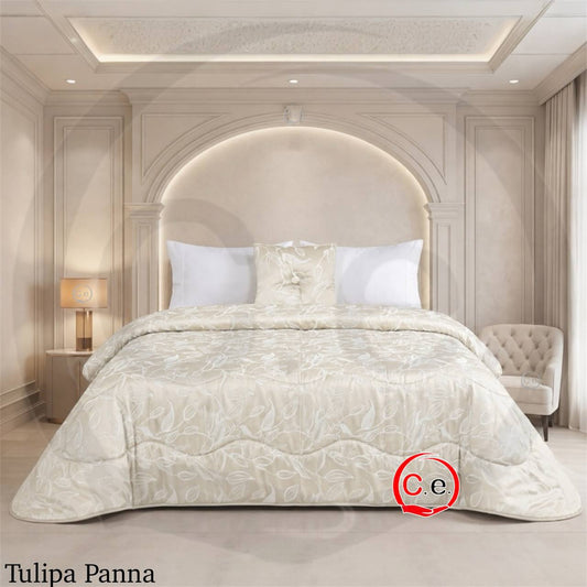 Trapunta/Piumone Tulipa in morbido raso jacquard con cuscino arredo coordinato