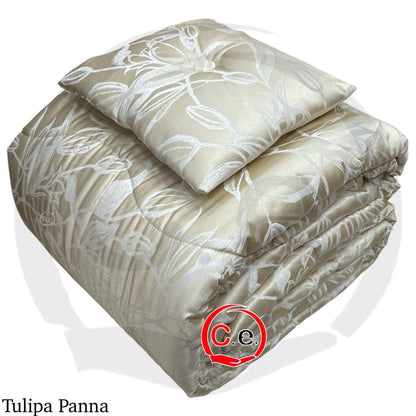 Trapunta/Piumone Tulipa in morbido raso jacquard con cuscino arredo coordinato